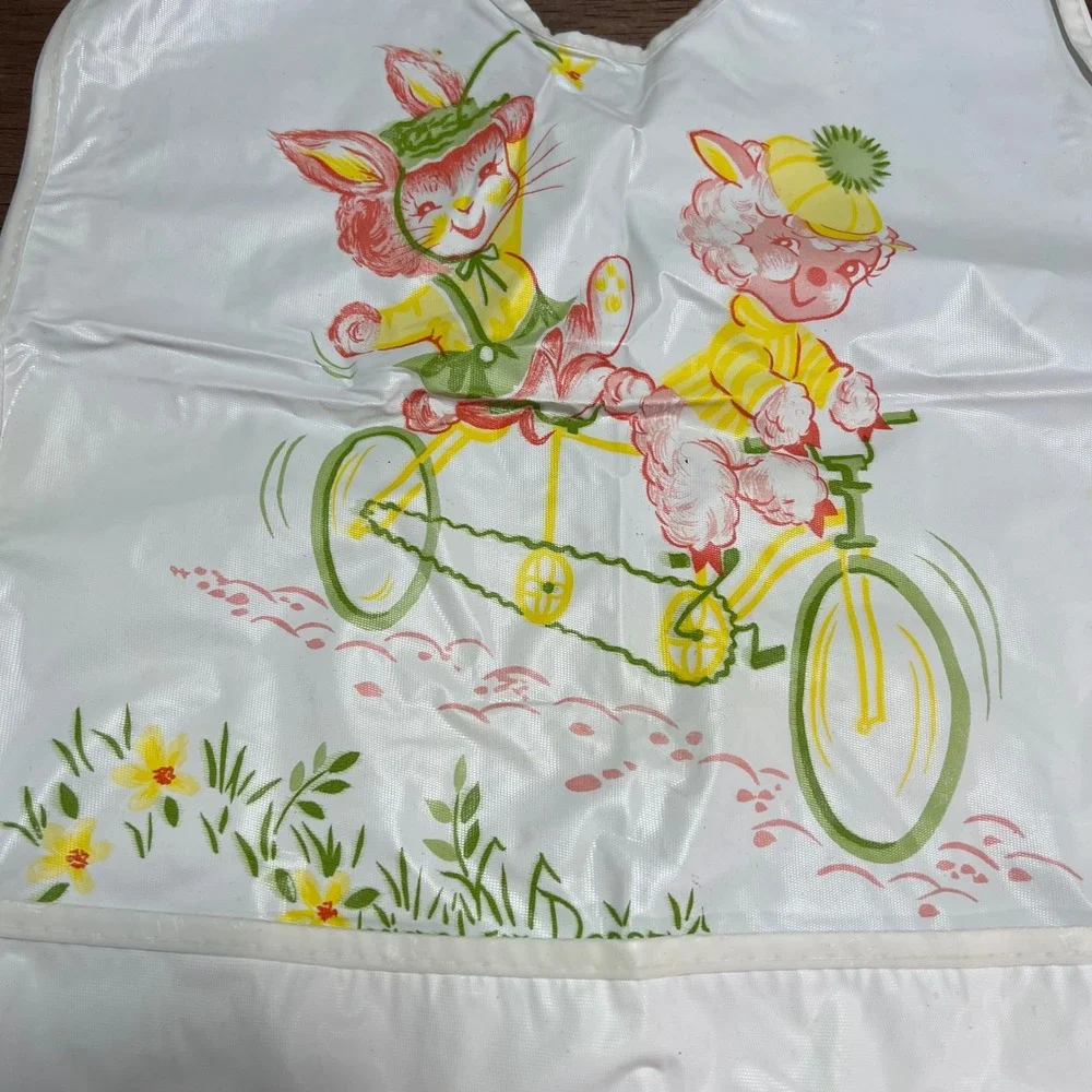 Vintage‎ Dorsey Vinyl Baby Bib Anthropomorphic Kitten Lamb Tandem Bicycle Retro